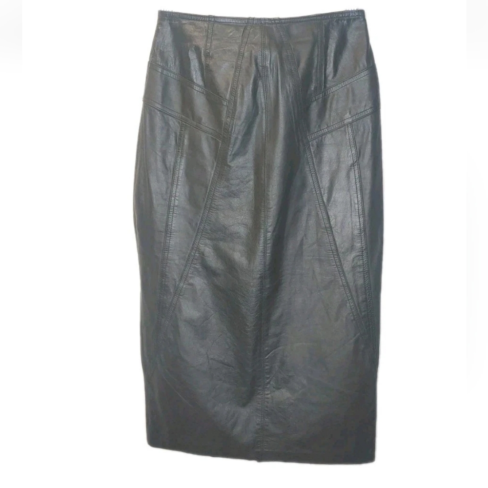 Vintage Winlit Leather Pencil Skirt Small 5/6 26" Black Midi Zip Back Slit Goth